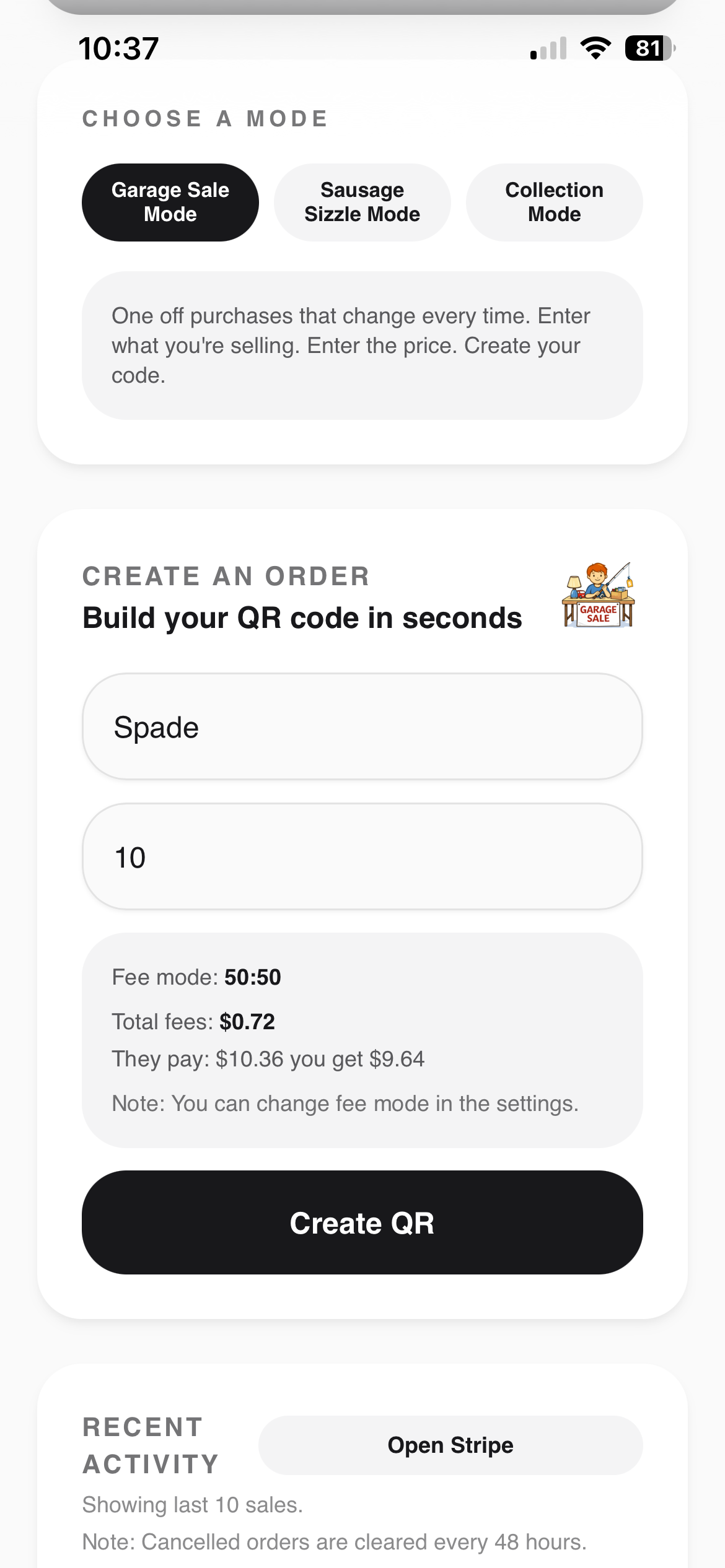 PocketMoney sale entry showing an item and price